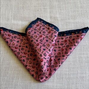 NEW Rolando Italy Handrolled Pocket Square Navy Border Multi-Color Hat Motifs